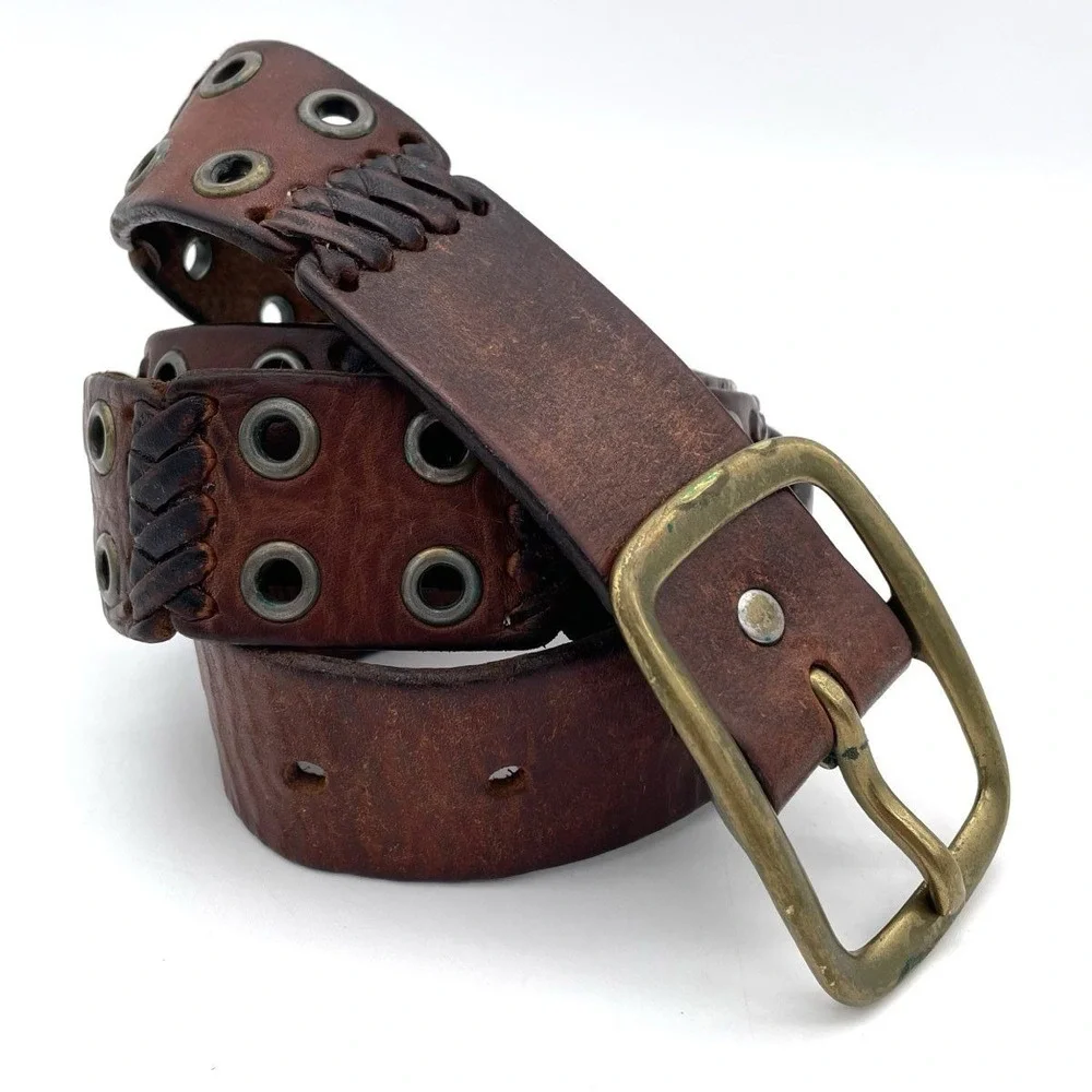 Vintage Handmade Women's Brown Western Leather Grommet Braided Belt Sz 36-40